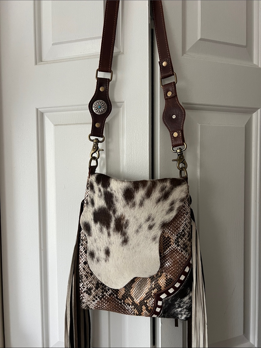 Women's Brown Cowhide Crossbody Bag with Fringe